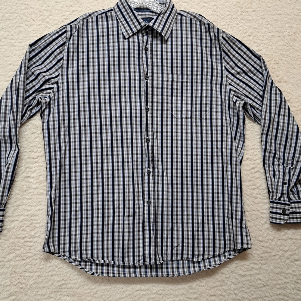 Joseph Abboud Button Up Shirt Men's Large Slim Fit Blue Plaid 100% Cotton